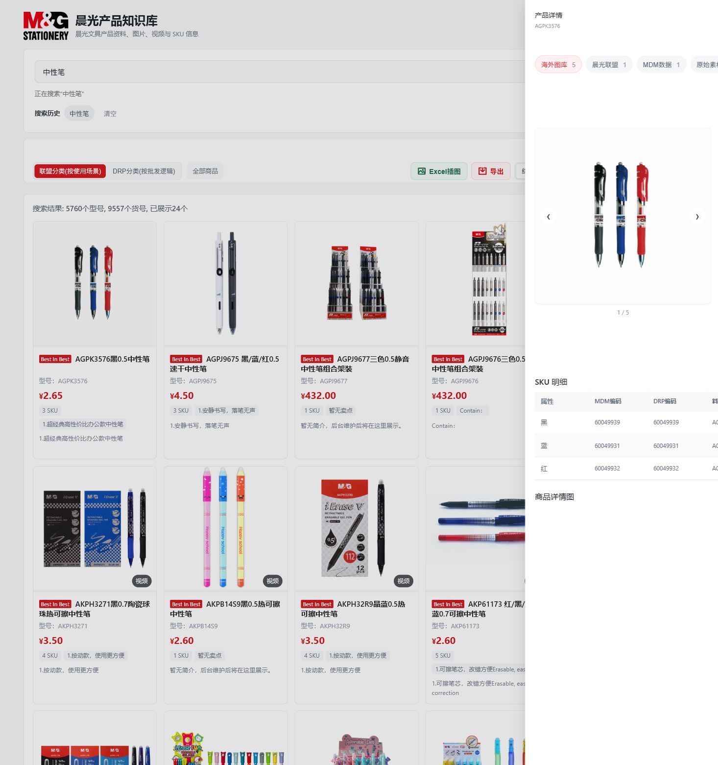 MgFly 产品详情页截图，包含图片、SKU 明细和素材来源
